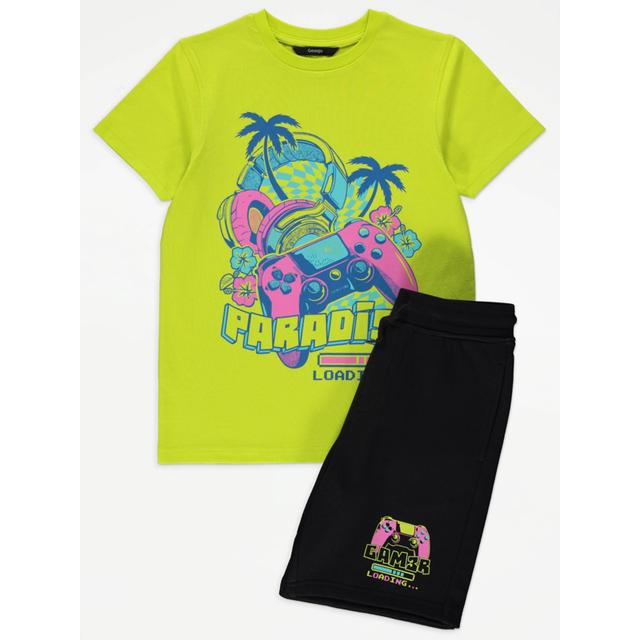 Kids' Bright Green Gamer Graphic T-Shirt and Shorts Outfit - Lime on Productcaster.