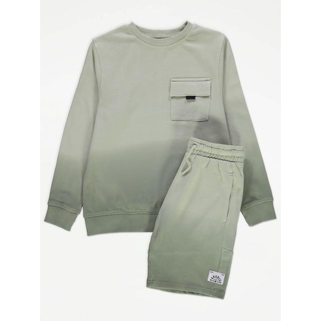 Kids' Light Khaki Ombre Dip Dye Sweatshirt and Shorts Outfit - Green on Productcaster.