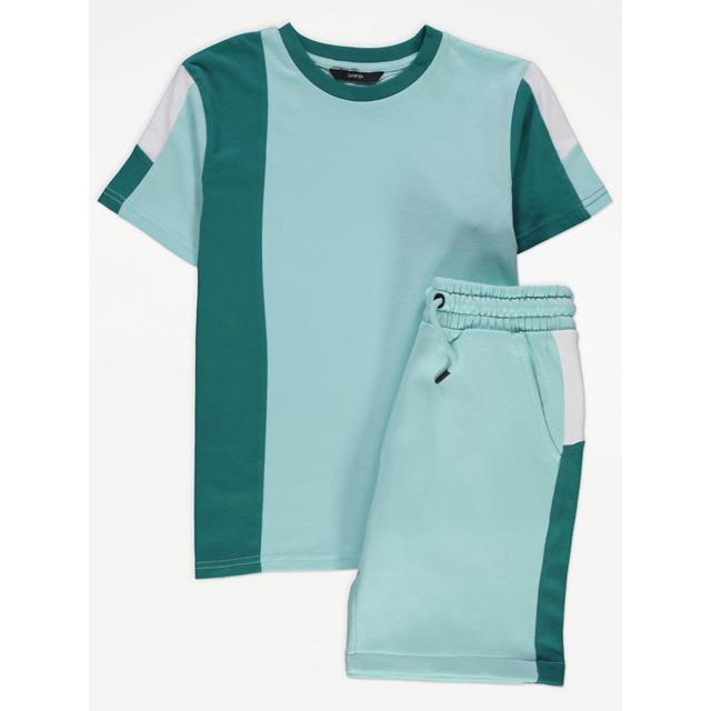 Kids' Turquoise Side Stripe T-Shirt and Shorts Outfit - Green on Productcaster.