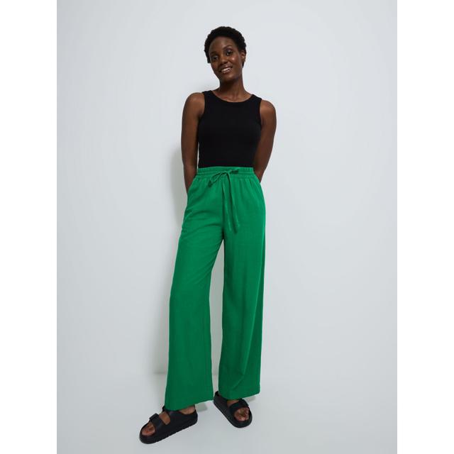 Women's Green Wide Leg Linen Blend Trousers - 55% Linen, 45% Viscose on Productcaster.