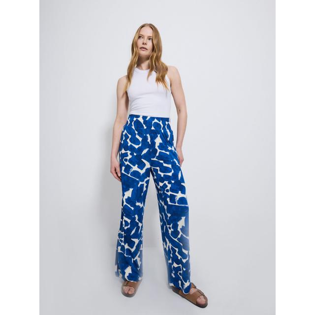 Women's Blue Abstract Wide Leg Trousers - Dark Blue - 95% Viscose, 5% Elastane on Productcaster.