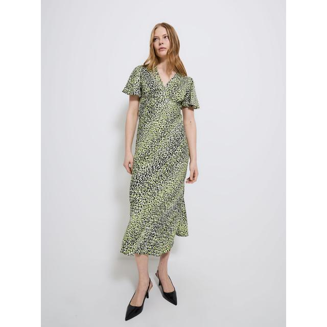 Lime Green Animal Print Satin Short Sleeve Midi Dress - Multi - 100% Viscose on Productcaster.