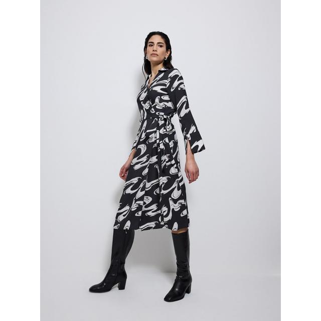 Sale Studio Edit Wave Print Wrap Midi Dress - Black - 82% Modal 18% Polyester on Productcaster.