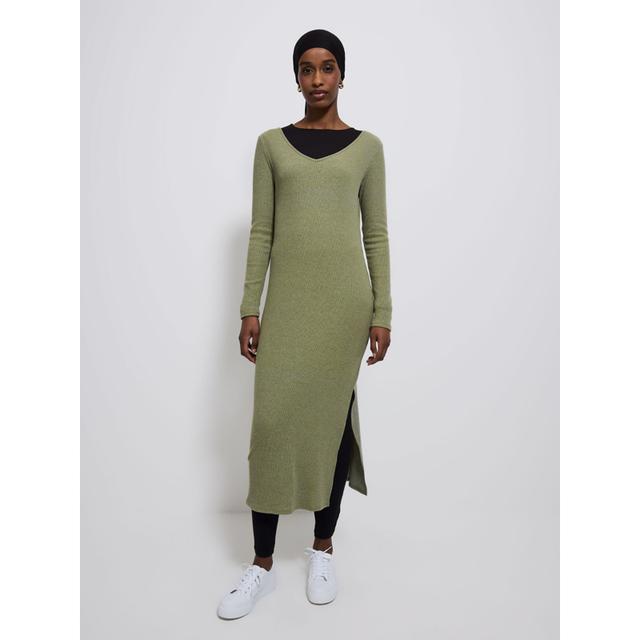 Green Rib Knit Midi Dress - Khaki - 50% Polyester 50% Cotton on Productcaster.