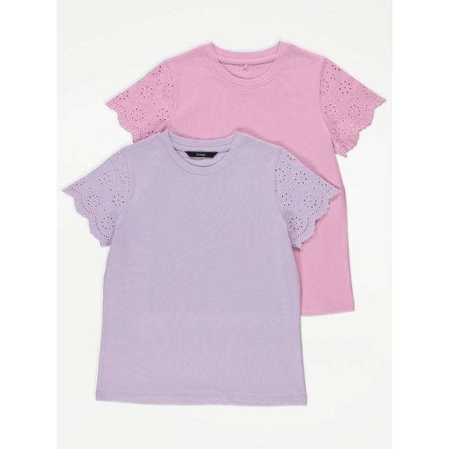 Girl's Pink Broderie Lace Sleeve T-Shirts 2 Pack Size - 11-12 Yrs on Productcaster.