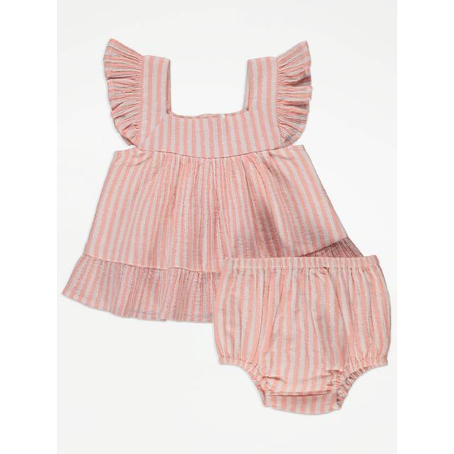 Baby Girls' Striped Shimmer Thread Frill Top and Knickers Outfit - Pink on Productcaster.