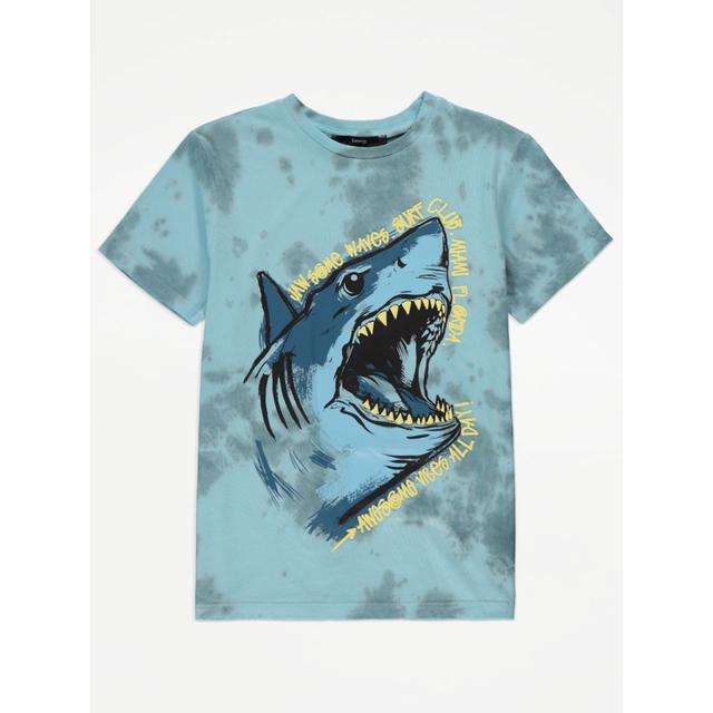 Boy's Light Blue Blue Tie Dye Shark T-Shirt Size - 12-13 Yrs on Productcaster.