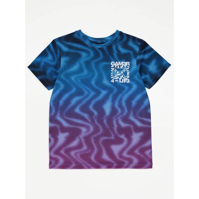 Boy's Blue Ombre Wave Gamer Short Sleeve T-Shirt Size - 8-9 Yrs on Productcaster.