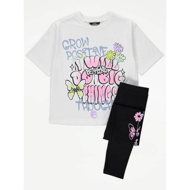 Kids' Positivity Graffiti T-Shirt and Leggings Outfit - White/Black on Productcaster.