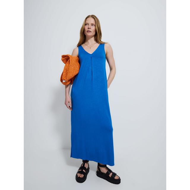 Blue V Neck Pleat Front Sleeveless Midi Dress - 95% Viscose 5% Elastane on Productcaster.