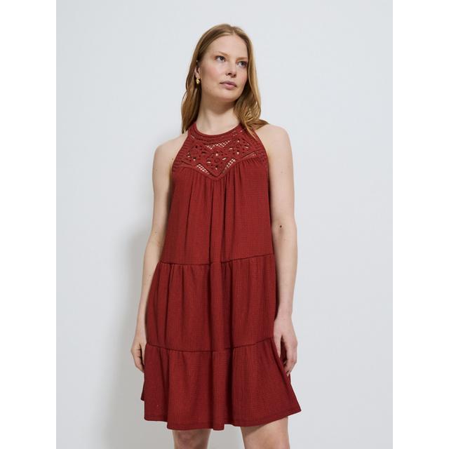 Rust Crochet Tiered Mini Dress - 99% Polyester 1% Elastane on Productcaster.