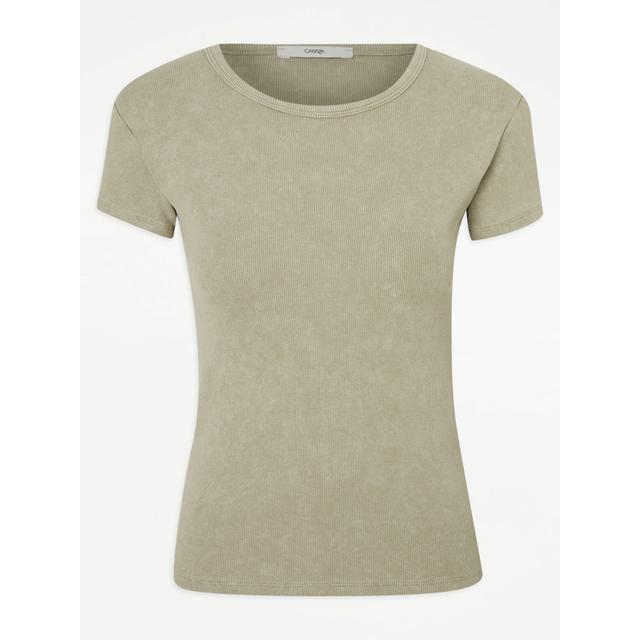 Women's Light Khaki Acid Wash Ribbed Short Sleeve Top - 96% Cotton 4% Elastane on Productcaster.