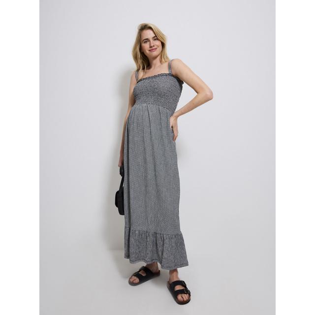 Women's Maternity Gingham Shirred Textured Midi Dress - Black - 98% Polyester 2% Elastane on Productcaster.