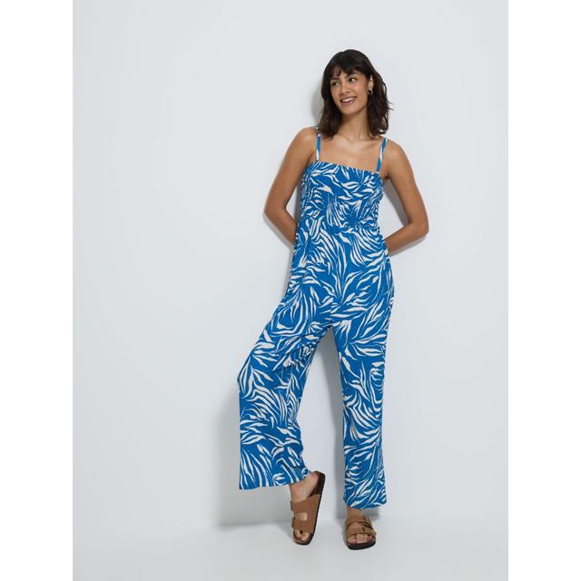 Blue Palm Print Shirred Jumpsuit - 99% Polyester 1% Elastane on Productcaster.