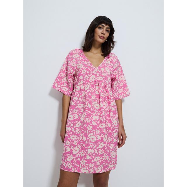 Pink Floral Short Sleeve Mini Dress - 84% Viscose 16% Polyamide on Productcaster.