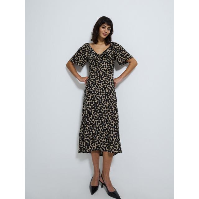 Mocha Spotty Tie Front Short Sleeve Midi Dress - 100% Polyester on Productcaster.