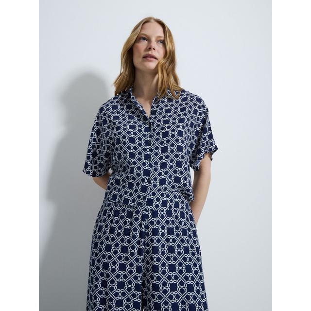 Women's Navy Chain Print Boxy Short Sleeve Shirt - 100% Viscose on Productcaster.