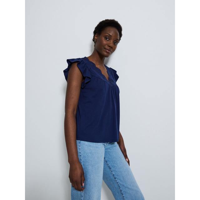 Women's Navy Cut Work Embroidered V Neck Top - 100% Cotton on Productcaster.