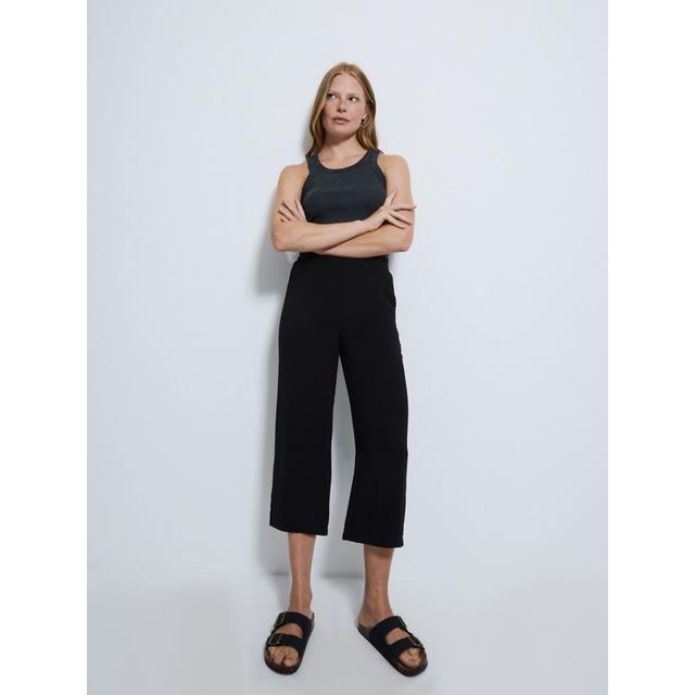 Women's Black Linen Look Cropped Wide Leg Trousers - 100% Polyester on Productcaster.