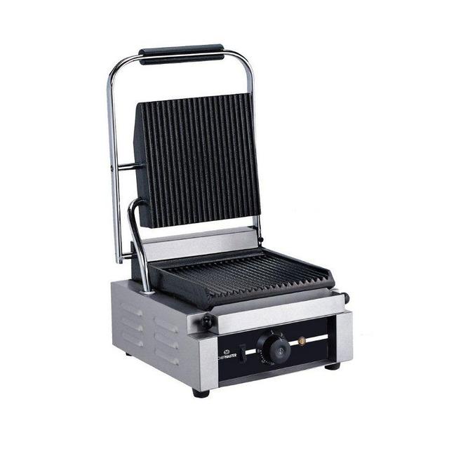 Chefmaster HEA773 Electric Single Contact Panini Grill - Ribbed Top & Bottom on Productcaster.