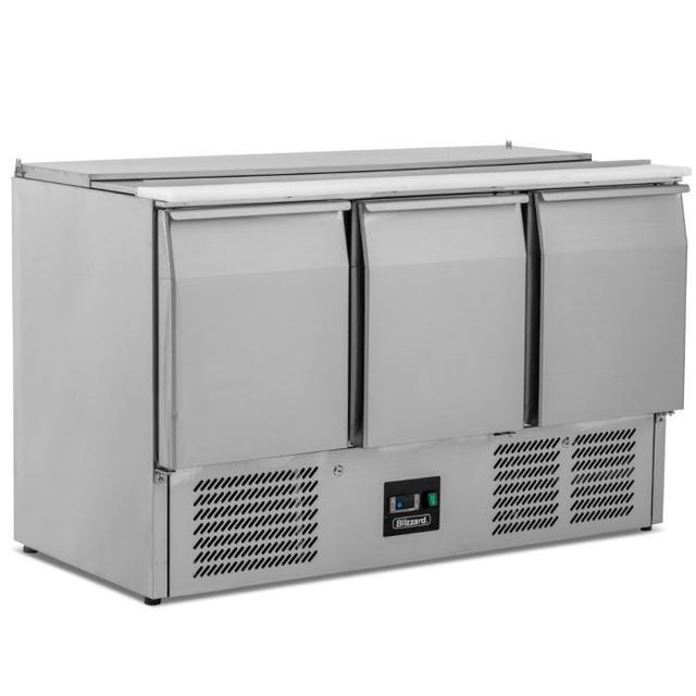 Blizzard BSP3 368 Ltr 3 Door Stainless Steel Refrigerated Pizza / Saladette Prep Counter on Productcaster.