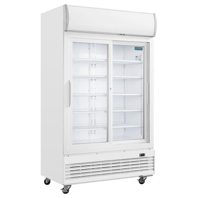 Polar G-Series GE581 950 Ltr Upright Double Sliding Glass Door White Display Fridge With Canopy on Productcaster.