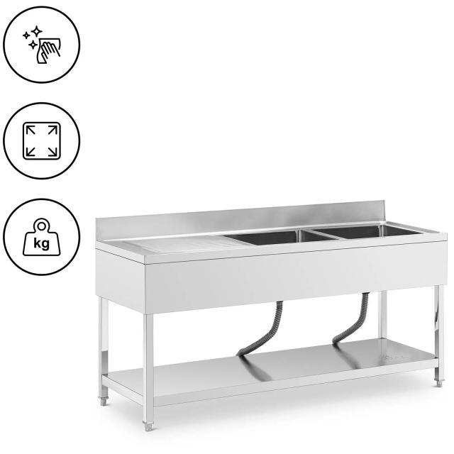 Mycí stůl 2 dřezy ušlechtilá ocel 180 x 60 x 97 cm - Dřezové skříňky Royal Catering on Productcaster.