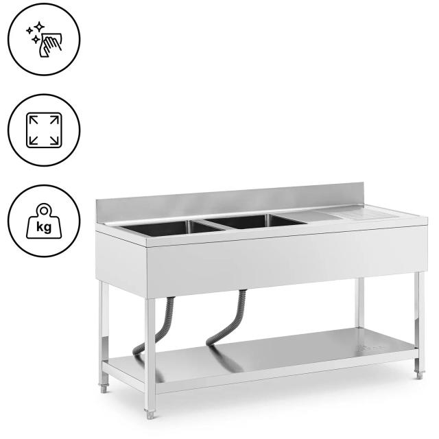 Mosogató asztal - 2 medence - rozsdamentes acél - 160 x 60 x 97 cm - Royal Catering on Productcaster.