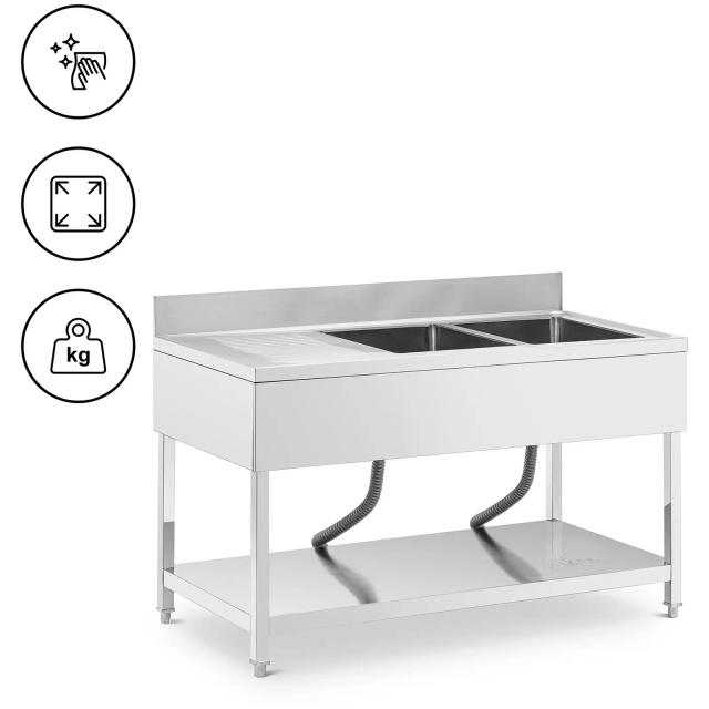 Mosogató asztal - 2 medence - rozsdamentes acél - 140 x 70 x 97 cm - Royal Catering on Productcaster.