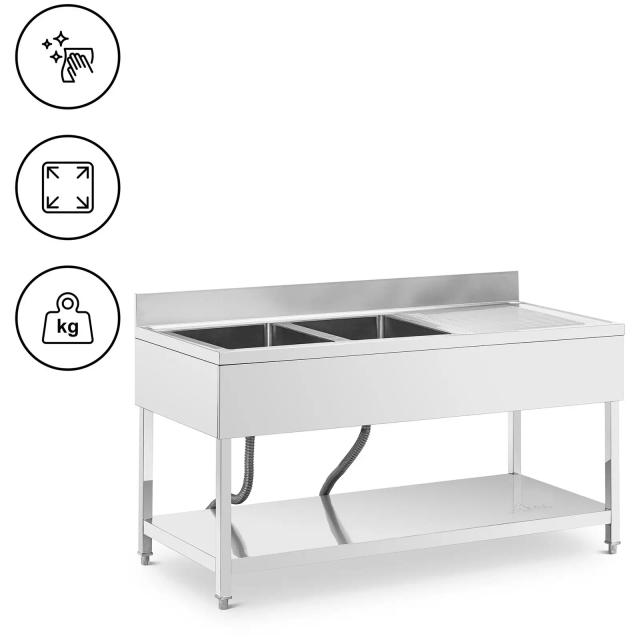 Mosogató asztal - 2 medence - rozsdamentes acél - 160 x 70 x 97 cm - Royal Catering on Productcaster.