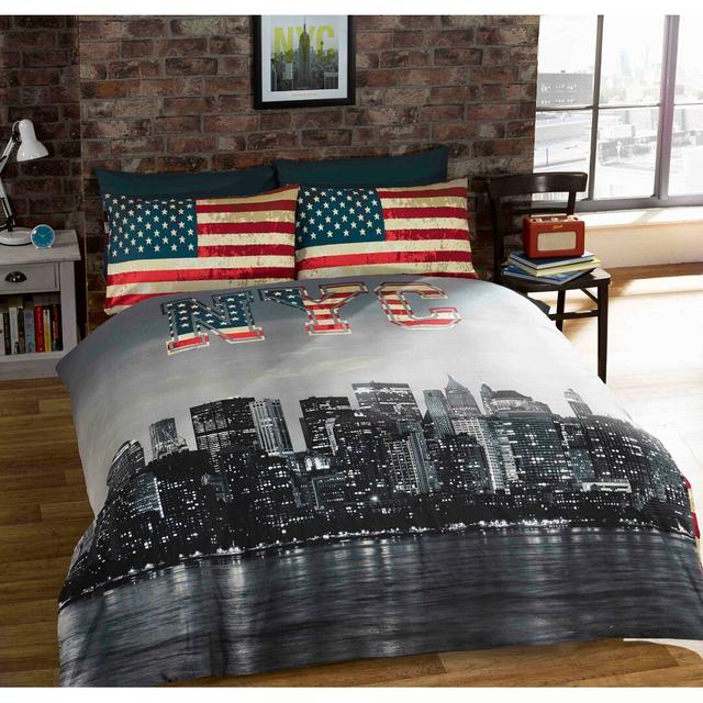 Kerr Grey Red Blue Duvet Cover Set Maturi Size: Double - 2 Standard Pillowcases on Productcaster.