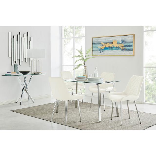 Korolevu Cosmic Luxury Glass and Chrome Dining Table Set with 4 Luxury Velvet Dining Chairs Ivy Bronx Colour (Chair): Cream/Silver on Productcaster.