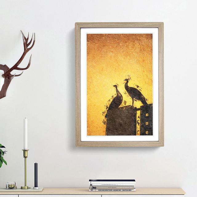 Silhouette of Two Peacocks in Abstract - Picture Frame Painting Print East Urban Home Frame Option: Oak Framed, Size: 48cm H x 36cm W x 2cm D on Productcaster.