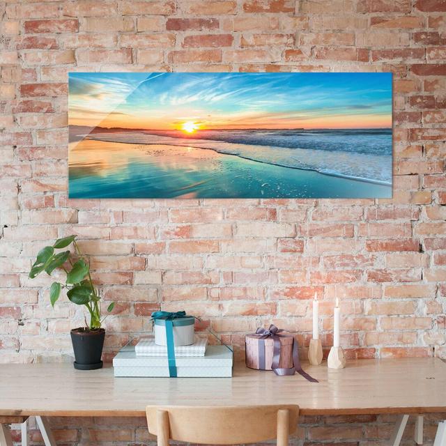 Glasbild Romantic Sunset by the Sea East Urban Home Größe: 30 cm H x 80 cm B x 0,4 cm T on Productcaster.