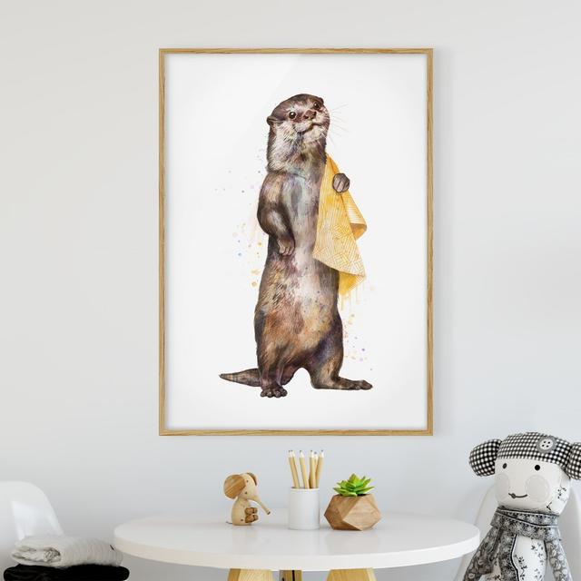 Picture With Frame - Illustration Otter With Towel Painting White - Portrait 4:31 Maturi Frame Option: Brown Framed, Size: 40cm H x 30cm W x 2cm D on Productcaster.