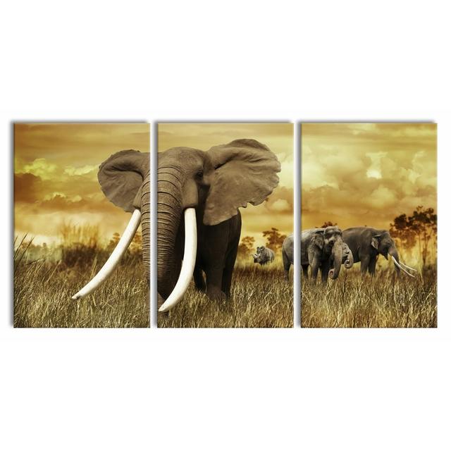 Proud Elephant In The Savannah - 3 Piece Wrapped Canvas Print East Urban Home Size: 120cm H x 240cm W on Productcaster.