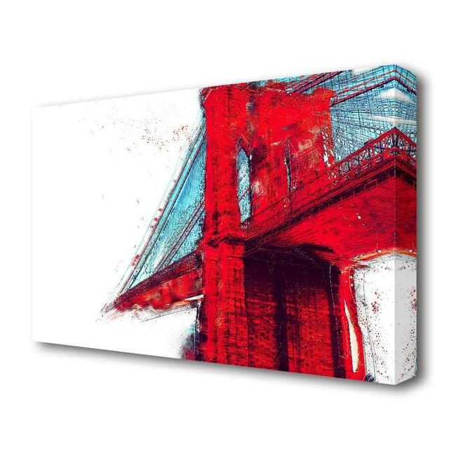 Red Funky Brooklyn Bridge New York - Wrapped Canvas Painting Print East Urban Home Size: 81.3 cm H x 121.9 cm W on Productcaster.