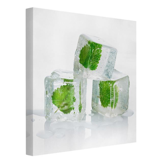 Three Ice Cubes with Lemon Balm - Wrapped Canvas Graphic Art Ebern Designs Format: 260g/m² canvas, Size: 50cm H x 50cm W on Productcaster.