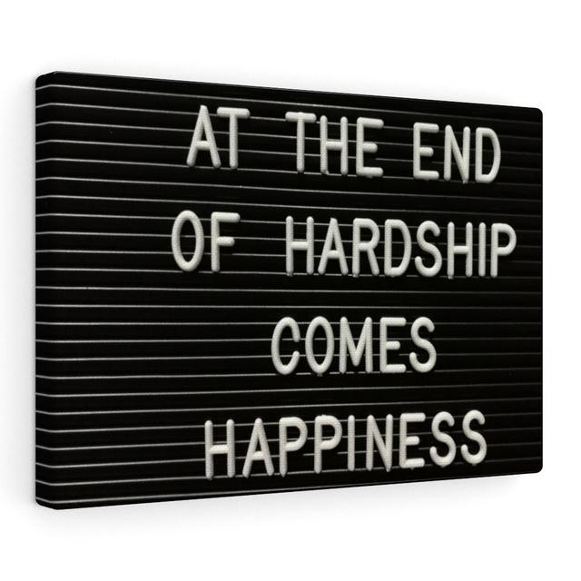 Hardship Comes Happiness - Wrapped Canvas Typography Blue Elephant Size: 30cm H x 46cm W on Productcaster.