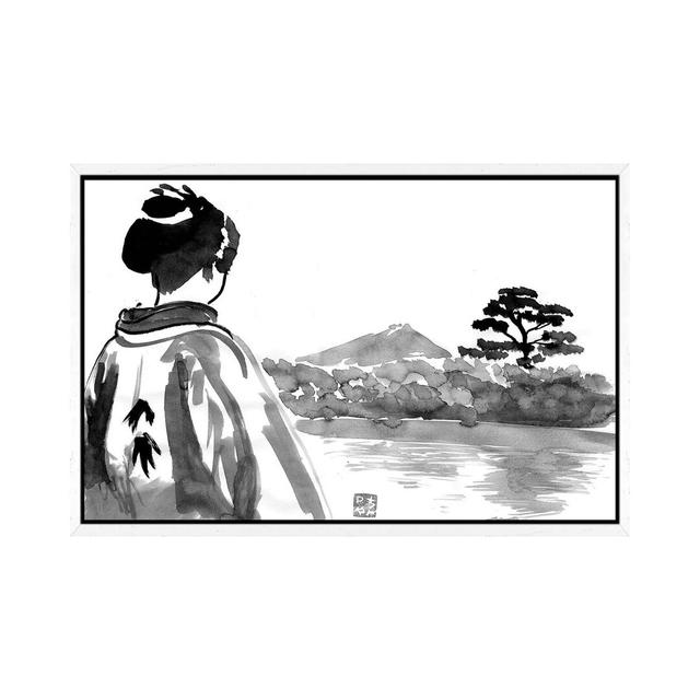 The Geisha Is Watching by Péchane - Print on Canvas Bloomsbury Market Size: 45.72cm H x 66.04cm W x 3.81cm D, Format: White Framed on Productcaster.