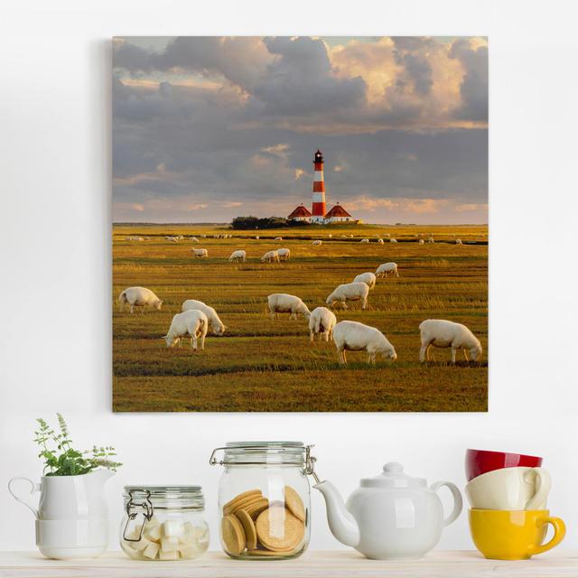 Leinwandbild North Sea Lighthouse with Flock of Sheep East Urban Home Größe: 70 cm H x 70 cm B x 2 cm T on Productcaster.