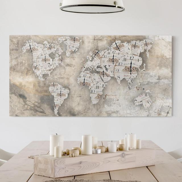 Shabby Clocks World Map - Wrapped Canvas Graphic Art Williston Forge Size: 40cm H x 80cm W on Productcaster.