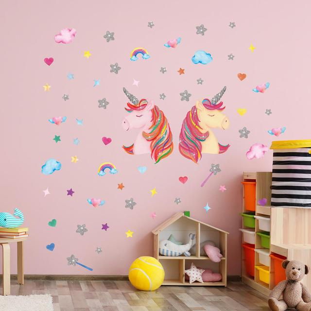 Watercolour Unicorns with Glitter Stars Wall Décor Blue Elephant on Productcaster.