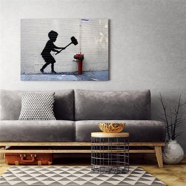 Leinwandbild Boy with a hammer, banksy mural Rosalind Wheeler Größe: 80 cm H x 120 cm B x 2 cm T on Productcaster.