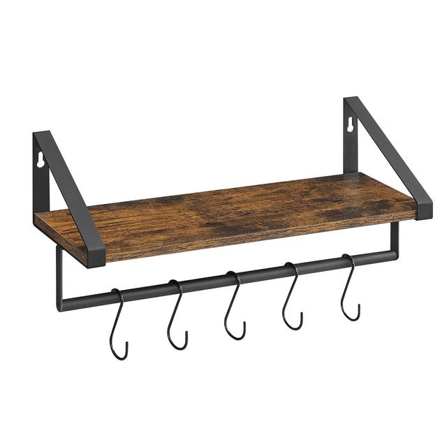 Floating Shelf, Wall Shelf With Rod And 5 Hooks, Wall Storage, For Kitchen, Bedroom, Hallway, Rustic Brown And Black Borough Wharf on Productcaster.