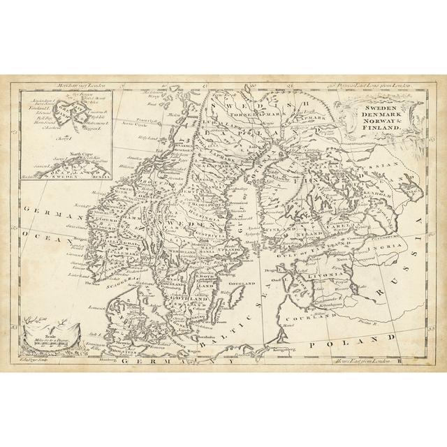 Map of Sweden & Denmark - Wrapped Canvas Art Prints Longshore Tides Size: 61cm H x 91cm W x 3.8cm D on Productcaster.