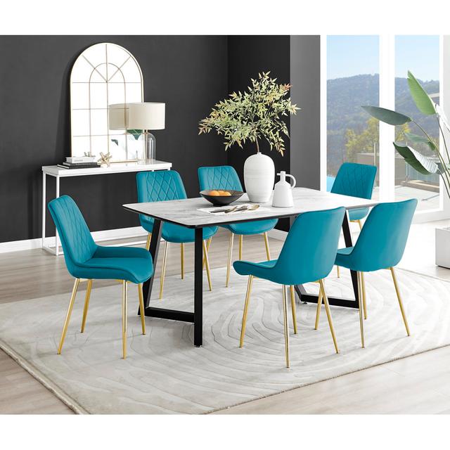 Industrial Design White & Grey Marble Effect Melamine Dining Table Set with 6 Luxury Velvet Chairs Canora Grey Colour (Chair): Blue/Gold on Productcaster.