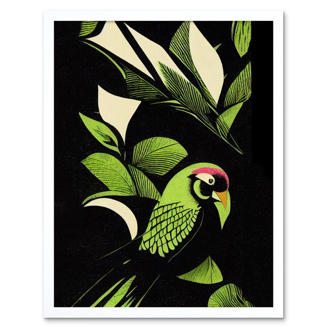 Jungle Leaf Bird Modern Vintage Linocut - Art Prints Wee Blue Coo Format: White Framed Paper, Size: 25.9cm H x 20.6cm W on Productcaster.