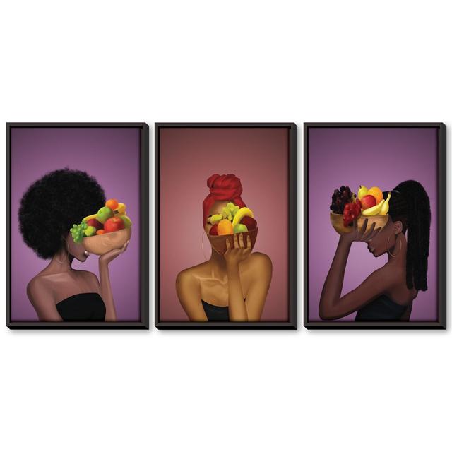 Fruit Bowl Woman - 3 Piece Graphic Art Set on Canvas Clock Canvas Format: Black Framed, Size: 70cm H x 150cm W x 4.5cm D on Productcaster.