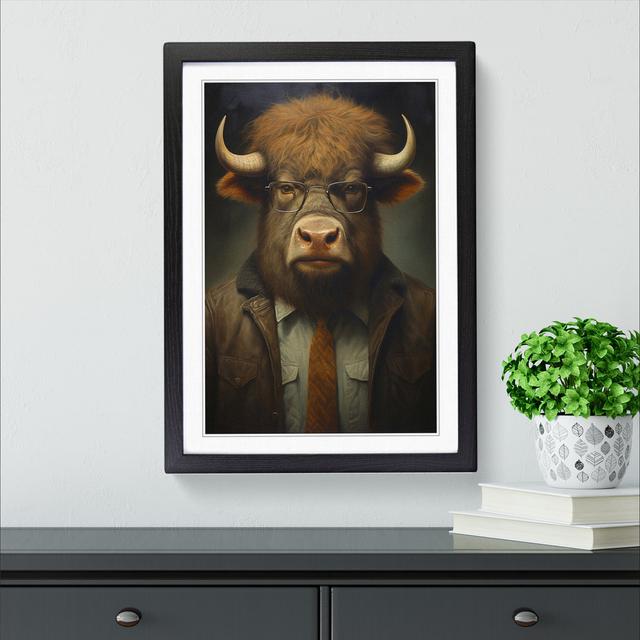 Bison With Glasses Painting - Single Picture Frame Print on Wood Big Box Art Frame Colour: Black Framed, Size: 34cm H x 25cm W x 2cm D on Productcaster.